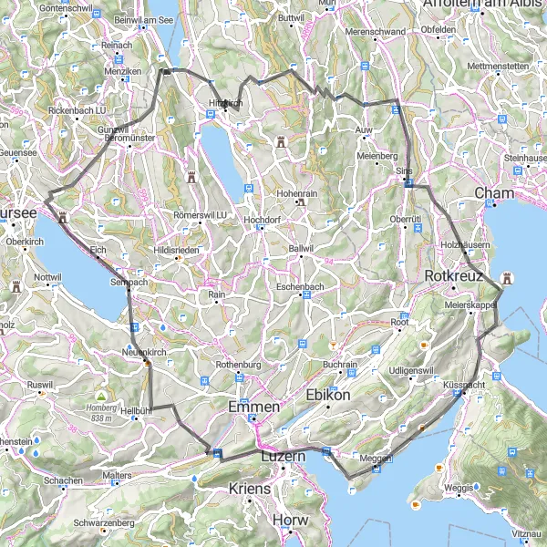 Zemljevid v pomanjšavi "Cestna tura skozi slikovite kraje Zentralschweiza" kolesarske inspiracije v Zentralschweiz, Switzerland. Generirano z načrtovalcem kolesarskih poti Tarmacs.app