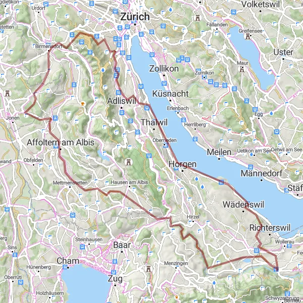 Zemljevid v pomanjšavi "Raziskovanje podeželja iz Schindellegi" kolesarske inspiracije v Zentralschweiz, Switzerland. Generirano z načrtovalcem kolesarskih poti Tarmacs.app
