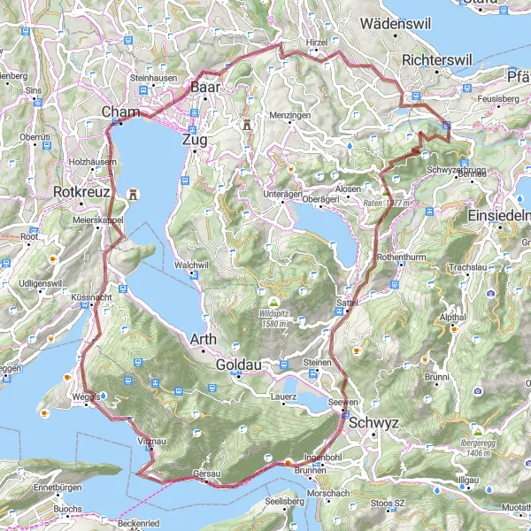 Miniaturní mapa "Morgarten a kolem" inspirace pro cyklisty v oblasti Zentralschweiz, Switzerland. Vytvořeno pomocí plánovače tras Tarmacs.app