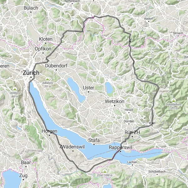 Map miniature of "Zürich & Rheinfall Cycling Route" cycling inspiration in Zentralschweiz, Switzerland. Generated by Tarmacs.app cycling route planner