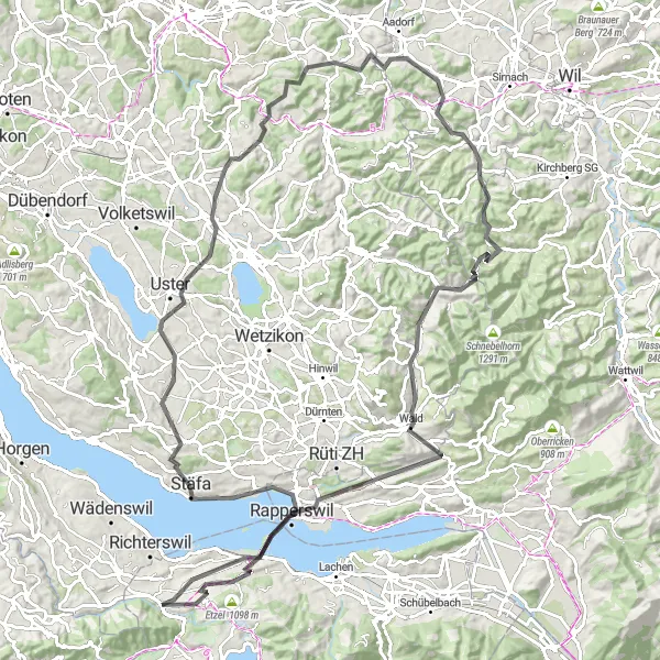 Mapa miniatúra "Cyklistická trasa Pfäffikon - Rapperswil" cyklistická inšpirácia v Zentralschweiz, Switzerland. Vygenerované cyklistickým plánovačom trás Tarmacs.app