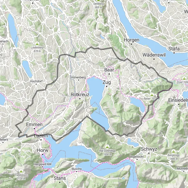 Map miniature of "Morgartenberg Sattel Loop" cycling inspiration in Zentralschweiz, Switzerland. Generated by Tarmacs.app cycling route planner