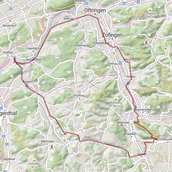 Kartminiatyr av "Avkopplande grusväg från Schötz till Wauwil" cykelinspiration i Zentralschweiz, Switzerland. Genererad av Tarmacs.app cykelruttplanerare