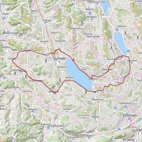 Karten-Miniaturansicht der Radinspiration "Gravelabenteuer um Schötz" in Zentralschweiz, Switzerland. Erstellt vom Tarmacs.app-Routenplaner für Radtouren