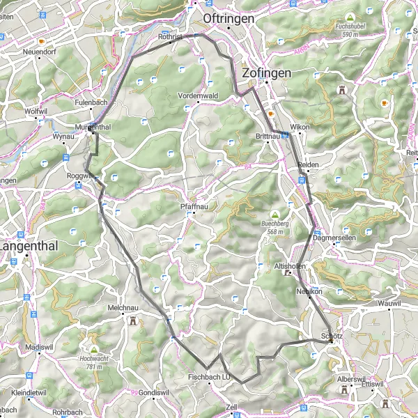 Mapa miniatúra "Cesta okolo Schötz a Altishofen" cyklistická inšpirácia v Zentralschweiz, Switzerland. Vygenerované cyklistickým plánovačom trás Tarmacs.app