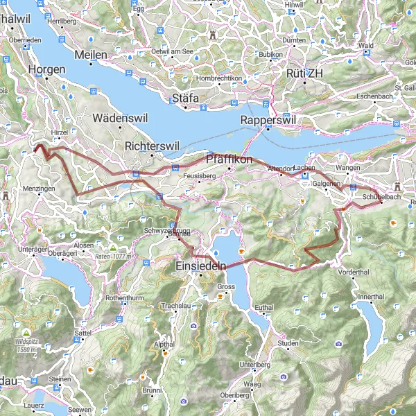 Mapa miniatúra "Gravelová trasa cez Schindellegi a Freienbach" cyklistická inšpirácia v Zentralschweiz, Switzerland. Vygenerované cyklistickým plánovačom trás Tarmacs.app