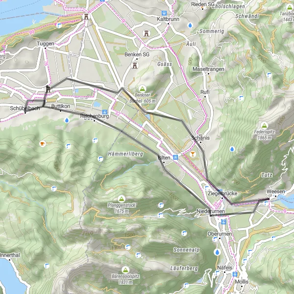 Miniatua del mapa de inspiración ciclista "Ruta en Carretera cerca de Schübelbach" en Zentralschweiz, Switzerland. Generado por Tarmacs.app planificador de rutas ciclistas