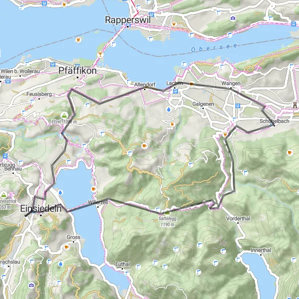 Miniaturní mapa "Road Schübelbach - Siebnen - Sattelegg - Einsiedeln - Etzel - Lachen - Lachner Aahorn Turm" inspirace pro cyklisty v oblasti Zentralschweiz, Switzerland. Vytvořeno pomocí plánovače tras Tarmacs.app