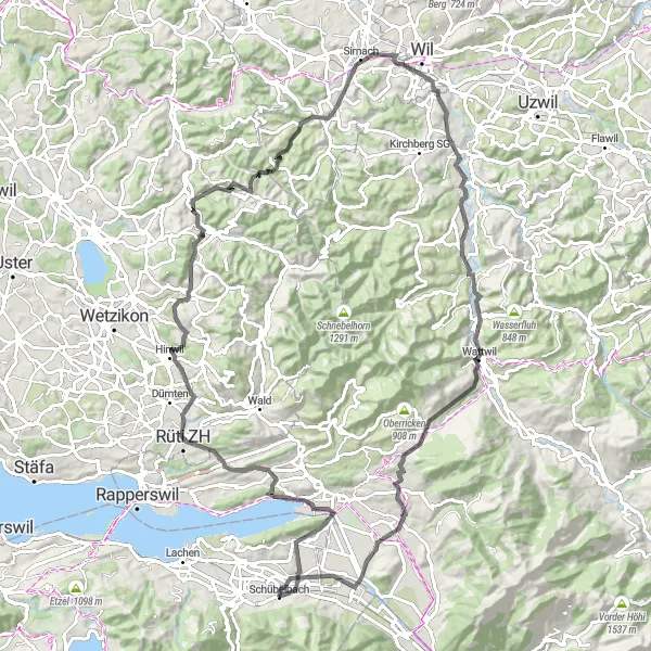 Miniaturní mapa "Cyklotrasa kolem Schübelbachu" inspirace pro cyklisty v oblasti Zentralschweiz, Switzerland. Vytvořeno pomocí plánovače tras Tarmacs.app