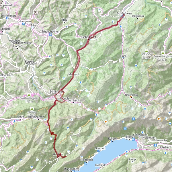 Karttaminiaatyyri "Gravel Tour around Schüpfheim" pyöräilyinspiraatiosta alueella Zentralschweiz, Switzerland. Luotu Tarmacs.app pyöräilyreittisuunnittelijalla