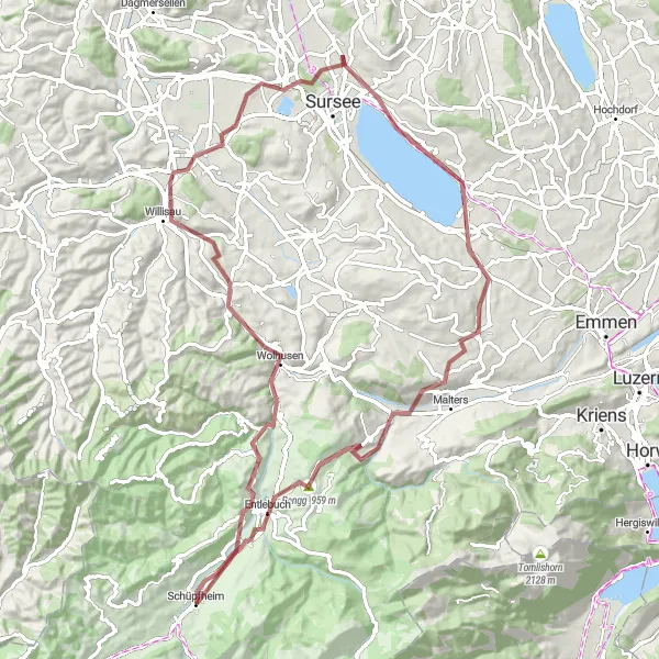 Miniatuurkaart van de fietsinspiratie "Scenic gravel route naar Lake Sempach en Hellbühl" in Zentralschweiz, Switzerland. Gemaakt door de Tarmacs.app fietsrouteplanner