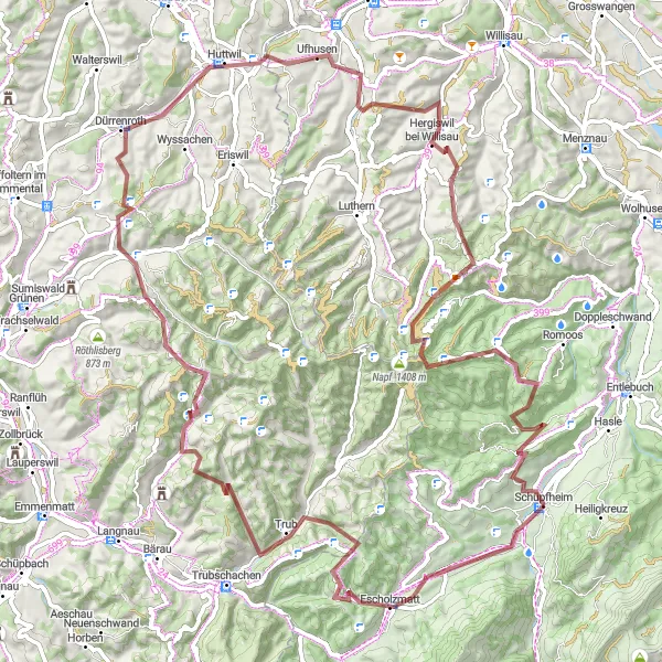 Karten-Miniaturansicht der Radinspiration "Bock Hergiswil bei Willisau Runde" in Zentralschweiz, Switzerland. Erstellt vom Tarmacs.app-Routenplaner für Radtouren