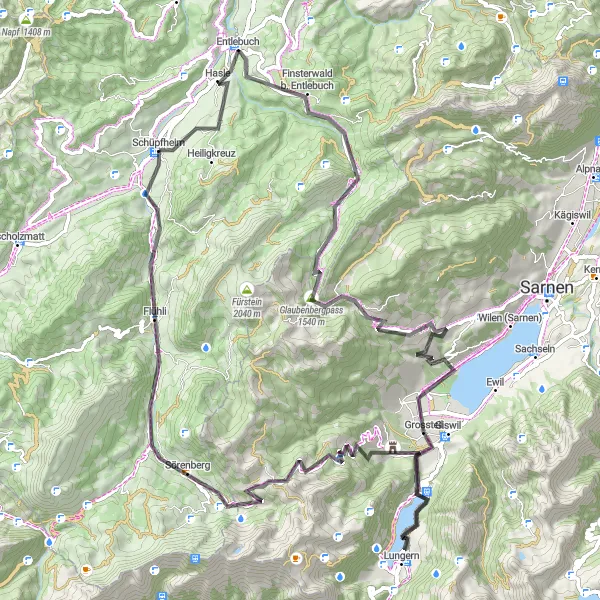 Mapa miniatúra "Kruhová cesta pre cestné bicykle z blízkosti Schüpfheim" cyklistická inšpirácia v Zentralschweiz, Switzerland. Vygenerované cyklistickým plánovačom trás Tarmacs.app