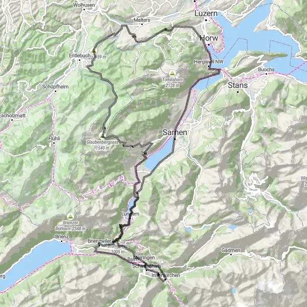 Map miniature of "Alpine Challenge in the Heart of Switzerland" cycling inspiration in Zentralschweiz, Switzerland. Generated by Tarmacs.app cycling route planner