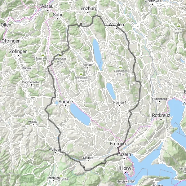 Map miniature of "Countryside Exploration: Schwarzenberg to Muri" cycling inspiration in Zentralschweiz, Switzerland. Generated by Tarmacs.app cycling route planner