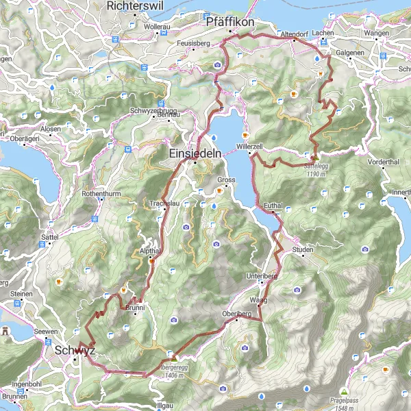 Miniatura della mappa di ispirazione al ciclismo "Ciclabile Gravel dei Monti nei Dintorni di Schwyz" nella regione di Zentralschweiz, Switzerland. Generata da Tarmacs.app, pianificatore di rotte ciclistiche