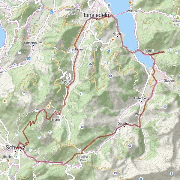 Miniaturní mapa "Gravelový okruh k Sihlsee a Ibergeregg" inspirace pro cyklisty v oblasti Zentralschweiz, Switzerland. Vytvořeno pomocí plánovače tras Tarmacs.app