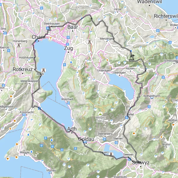 Zemljevid v pomanjšavi "Cesta skozi zgodovino Schwyz-a" kolesarske inspiracije v Zentralschweiz, Switzerland. Generirano z načrtovalcem kolesarskih poti Tarmacs.app