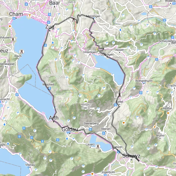 Miniature de la carte de l'inspiration cycliste "Exploration des lacs de Suisse centrale" dans la Zentralschweiz, Switzerland. Générée par le planificateur d'itinéraire cycliste Tarmacs.app