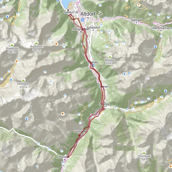 Map miniature of "Göschenen Gravel Adventure" cycling inspiration in Zentralschweiz, Switzerland. Generated by Tarmacs.app cycling route planner