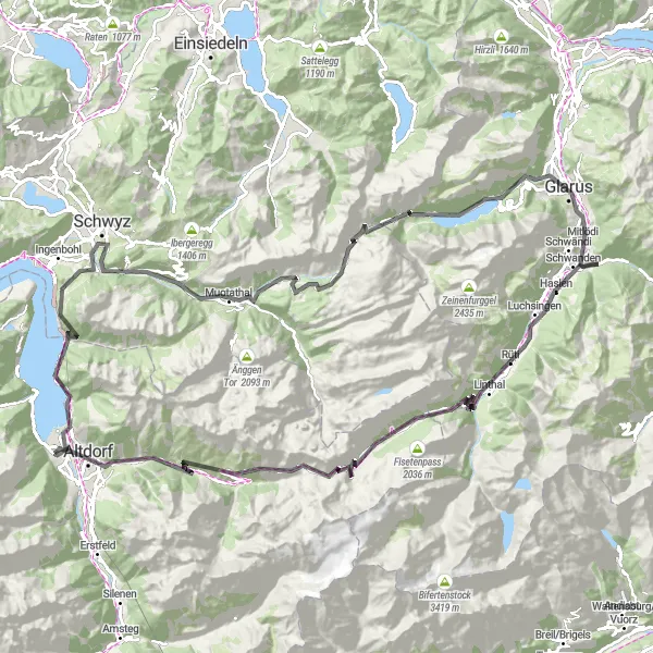 Kartminiatyr av "Utfordrende Rundtur gjennom Glarus Alps" sykkelinspirasjon i Zentralschweiz, Switzerland. Generert av Tarmacs.app sykkelrutoplanlegger