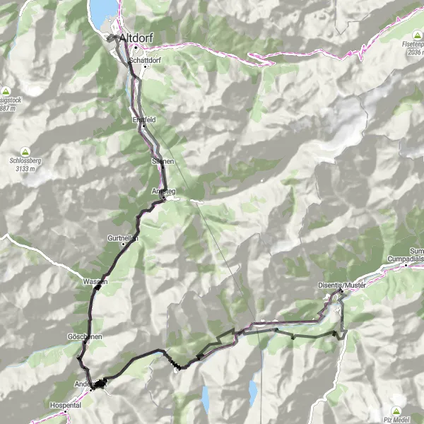 Karttaminiaatyyri "Seedorf – Oberalppass, Tietäpitkin Reitti" pyöräilyinspiraatiosta alueella Zentralschweiz, Switzerland. Luotu Tarmacs.app pyöräilyreittisuunnittelijalla