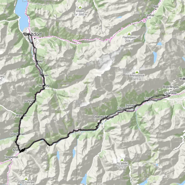 Kartminiatyr av "Erstfeld til Reussdeltaturm Veitrafikk Sykkeltur" sykkelinspirasjon i Zentralschweiz, Switzerland. Generert av Tarmacs.app sykkelrutoplanlegger