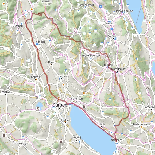 Map miniature of "Sempach-Moosleerau Gravel Loop" cycling inspiration in Zentralschweiz, Switzerland. Generated by Tarmacs.app cycling route planner