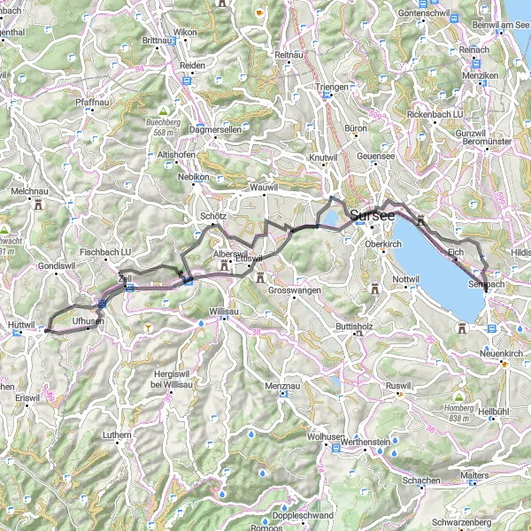 Miniature de la carte de l'inspiration cycliste "Tour des Collines de Lucerne" dans la Zentralschweiz, Switzerland. Générée par le planificateur d'itinéraire cycliste Tarmacs.app