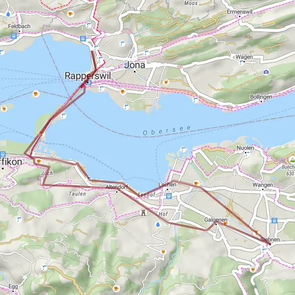 Miniature de la carte de l'inspiration cycliste "Boucle Gravel à travers Rapperswil et Galgenen" dans la Zentralschweiz, Switzerland. Générée par le planificateur d'itinéraire cycliste Tarmacs.app