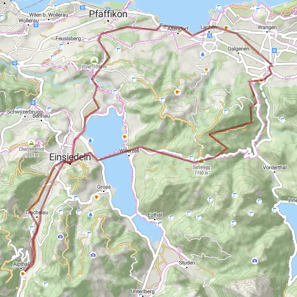 Miniaturekort af cykelinspirationen "Krævende grusvejscykelrute til Etzel og Pfäffikon" i Zentralschweiz, Switzerland. Genereret af Tarmacs.app cykelruteplanlægger