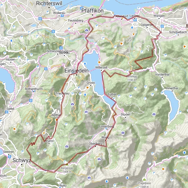 Karttaminiaatyyri "Siebnen - Einsiedeln - Lachen Gravel Adventure" pyöräilyinspiraatiosta alueella Zentralschweiz, Switzerland. Luotu Tarmacs.app pyöräilyreittisuunnittelijalla