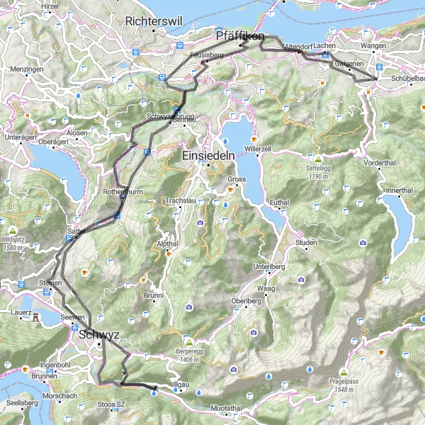 Miniatua del mapa de inspiración ciclista "Ruta de ciclismo de carretera Siebnen-Galgenen-Rapperswil" en Zentralschweiz, Switzerland. Generado por Tarmacs.app planificador de rutas ciclistas