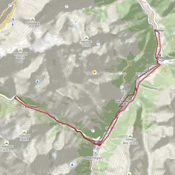 Map miniature of "Gurtnellen and Wassen Gravel Adventure" cycling inspiration in Zentralschweiz, Switzerland. Generated by Tarmacs.app cycling route planner