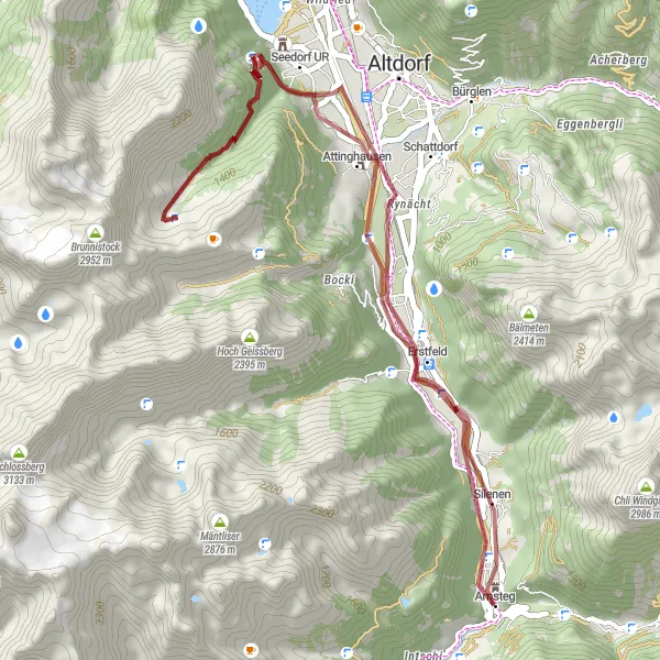 Miniatura della mappa di ispirazione al ciclismo "Attinghausen Nature Gravel Route" nella regione di Zentralschweiz, Switzerland. Generata da Tarmacs.app, pianificatore di rotte ciclistiche