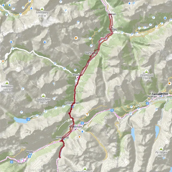 Zemljevid v pomanjšavi "Wassen - Hospental - Göschenen - Gurtnellen - Kanzeli" kolesarske inspiracije v Zentralschweiz, Switzerland. Generirano z načrtovalcem kolesarskih poti Tarmacs.app