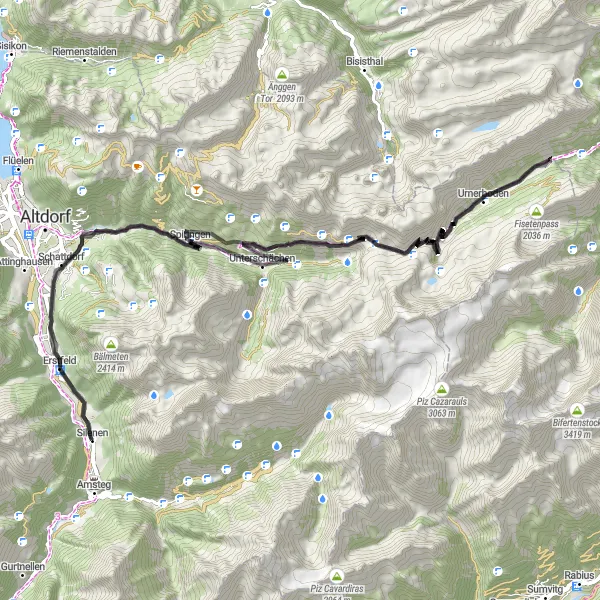 Zemljevid v pomanjšavi "Erstfeld - Unterschächen - Glatten - Vorfrutt - Urnerboden - Klausenpass - Bürglen" kolesarske inspiracije v Zentralschweiz, Switzerland. Generirano z načrtovalcem kolesarskih poti Tarmacs.app