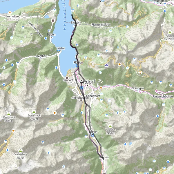Miniatua del mapa de inspiración ciclista "Ruta de ciclismo de carretera a Sisikon" en Zentralschweiz, Switzerland. Generado por Tarmacs.app planificador de rutas ciclistas