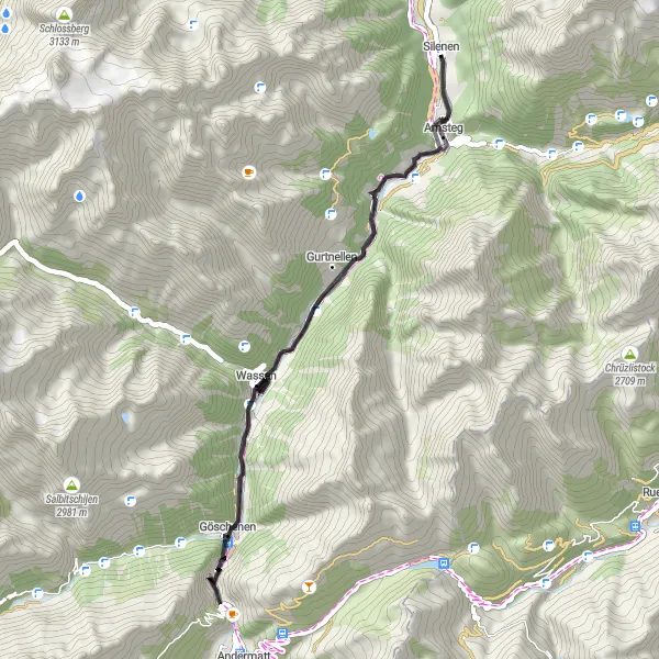 Miniatura della mappa di ispirazione al ciclismo "Percorso Stradale tra Silenen e Intschi" nella regione di Zentralschweiz, Switzerland. Generata da Tarmacs.app, pianificatore di rotte ciclistiche