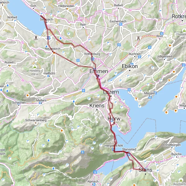 Map miniature of "Scenic Gravel Cycling Route near Stans" cycling inspiration in Zentralschweiz, Switzerland. Generated by Tarmacs.app cycling route planner