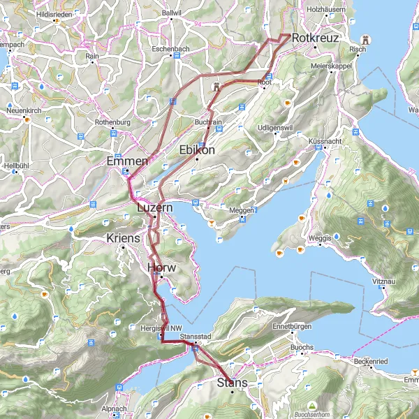 Map miniature of "Scenic Gravel Cycling Route through Horw and Inwil" cycling inspiration in Zentralschweiz, Switzerland. Generated by Tarmacs.app cycling route planner