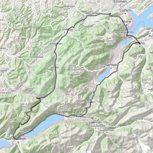 Map miniature of "Stans to Brünigpass Road Route" cycling inspiration in Zentralschweiz, Switzerland. Generated by Tarmacs.app cycling route planner