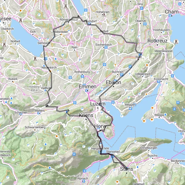 Map miniature of "Stans to Lucerne Road Route" cycling inspiration in Zentralschweiz, Switzerland. Generated by Tarmacs.app cycling route planner