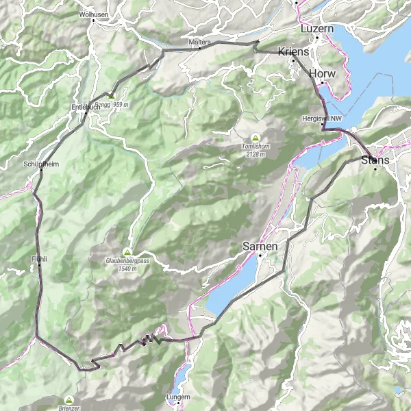 Miniatura della mappa di ispirazione al ciclismo "Avventuroso itinerario ciclabile attraverso Kerns e Sörenberg" nella regione di Zentralschweiz, Switzerland. Generata da Tarmacs.app, pianificatore di rotte ciclistiche