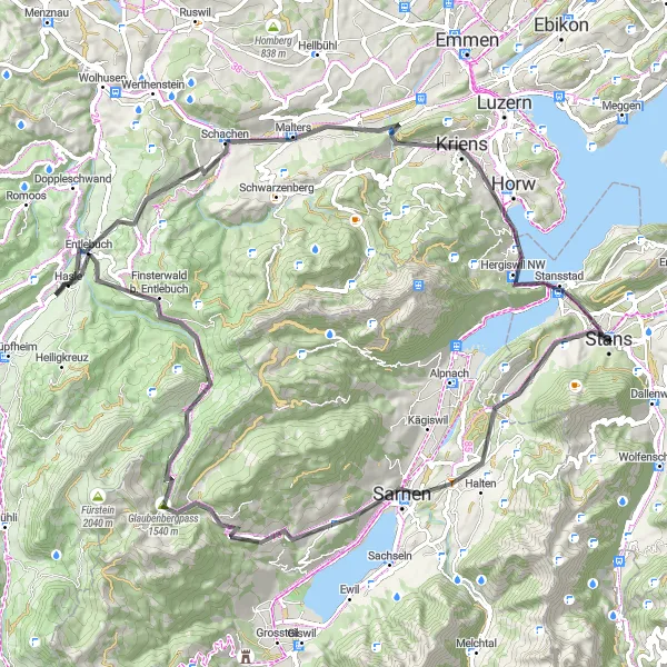 Map miniature of "Stans Circular Road Cycling Route" cycling inspiration in Zentralschweiz, Switzerland. Generated by Tarmacs.app cycling route planner