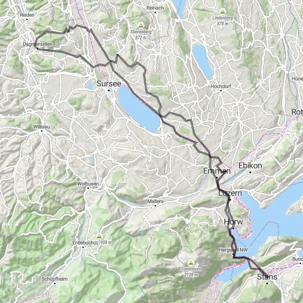 Mapa miniatúra "Výlet kolem Lucernu" cyklistická inšpirácia v Zentralschweiz, Switzerland. Vygenerované cyklistickým plánovačom trás Tarmacs.app