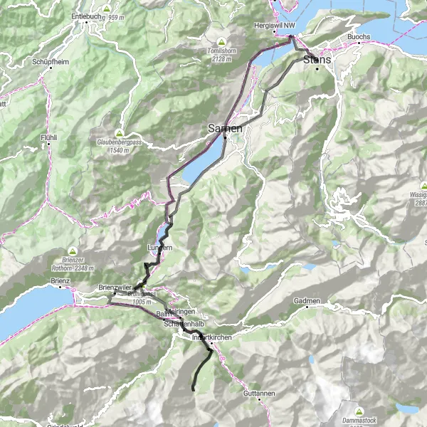 Zemljevid v pomanjšavi "Novi izzivi na dolgi kolesarski poti v Švici" kolesarske inspiracije v Zentralschweiz, Switzerland. Generirano z načrtovalcem kolesarskih poti Tarmacs.app