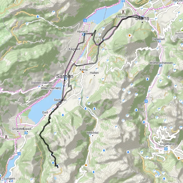 Zemljevid v pomanjšavi "Kolesarska pot skozi osupljivo švicarsko pokrajino" kolesarske inspiracije v Zentralschweiz, Switzerland. Generirano z načrtovalcem kolesarskih poti Tarmacs.app
