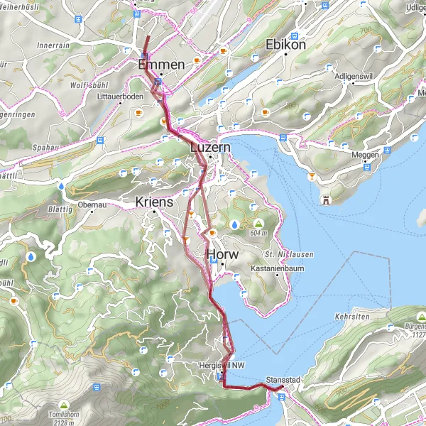 Miniatura della mappa di ispirazione al ciclismo "Percorso Gravel di Stansstad Breve ma Intenso" nella regione di Zentralschweiz, Switzerland. Generata da Tarmacs.app, pianificatore di rotte ciclistiche