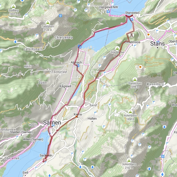 Mapa miniatúra "Gravel Okolo Stansstad - Rotzberg, Kerns, Sachseln, Alpnach, Haslihorn" cyklistická inšpirácia v Zentralschweiz, Switzerland. Vygenerované cyklistickým plánovačom trás Tarmacs.app